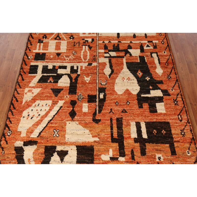 Geometric Moroccan Oriental Rug Hand-Knotted Orange Wool Carpet - 5'7" x 7'9"