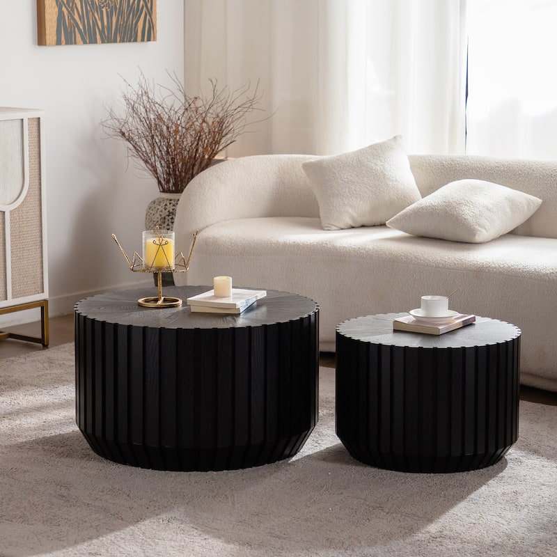Coffee Table Nesting End Table Set of 2, Modern Black Fluted Coffee Table, Wood Side Table, Circle Accent Tables