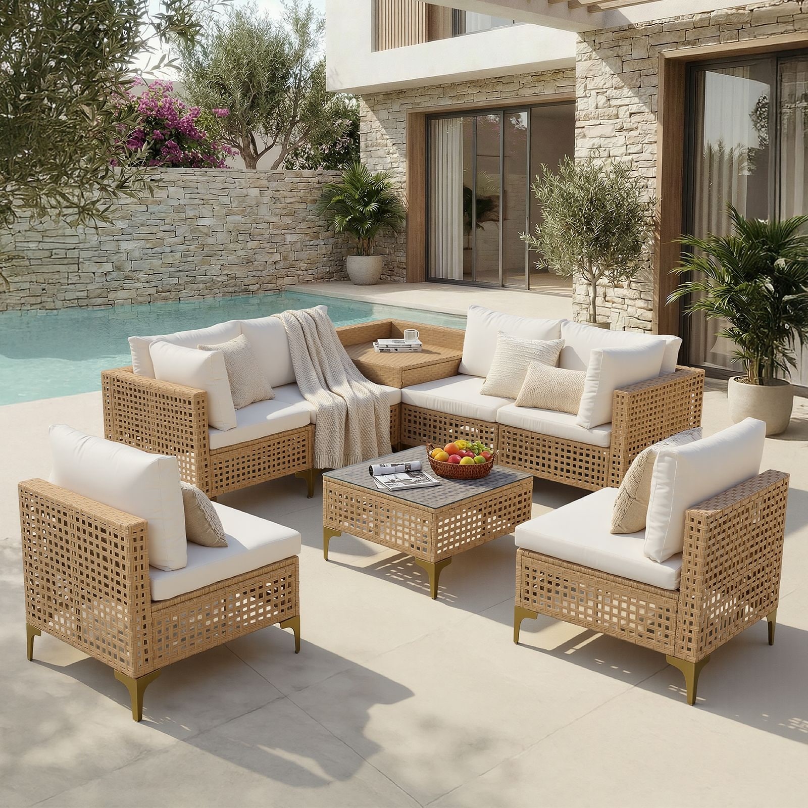 8pcs All-Weather PE Wicker Patio Conversation Set Seating With Storage Box