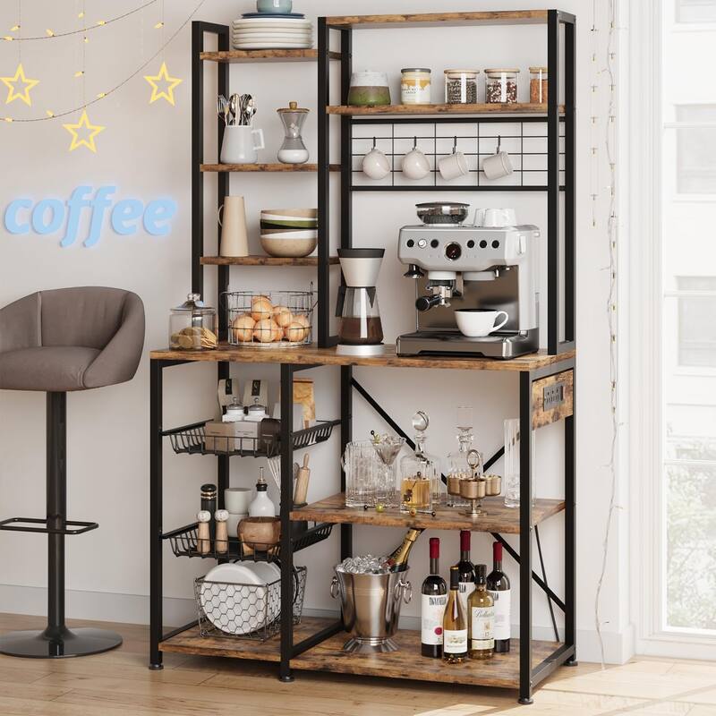 Bakers Rack with Power Outlet, Industrial Microwave Stand