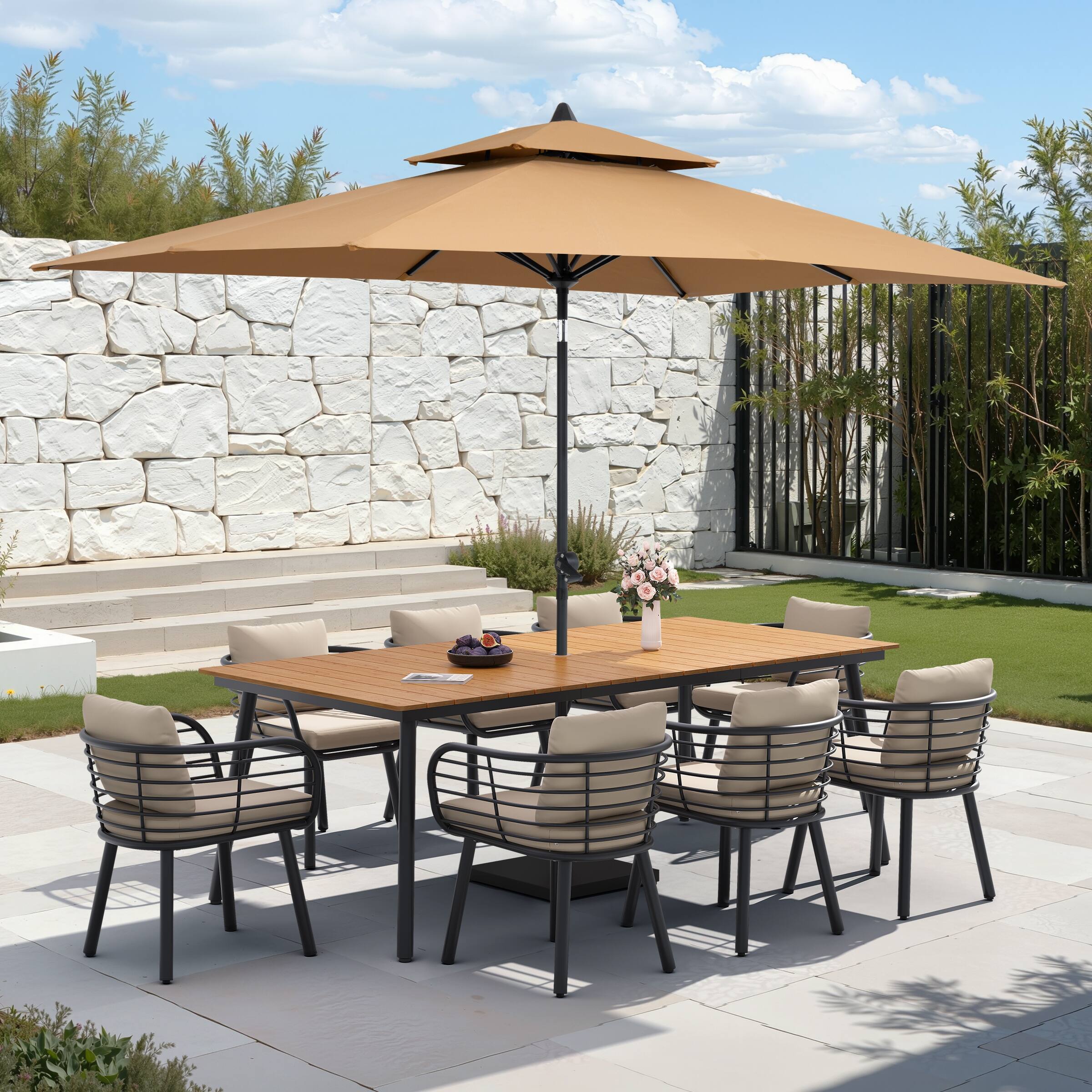 large patio tables with umbrellas MFSTUDIO 5 Pcs Dining Set Umbrella(Orange Red) mode solar LED lights deliver up to 8 SUPERJARE 13FT Outdoor Patio Umbrella