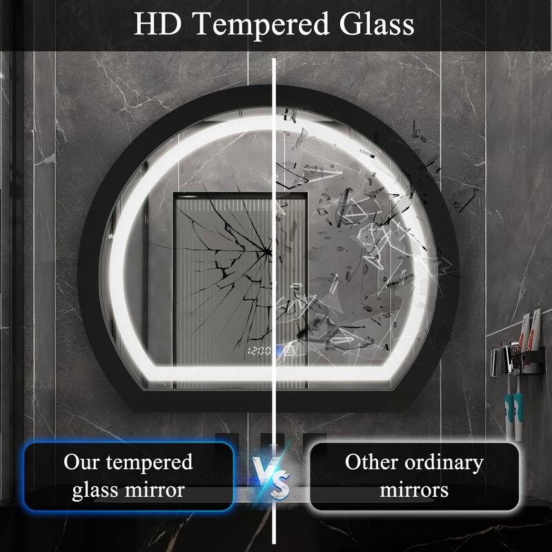 Arched Black Framed LED light Anti-fog 3 Colors Dimmable Wall Mirror - 27.6x23.6