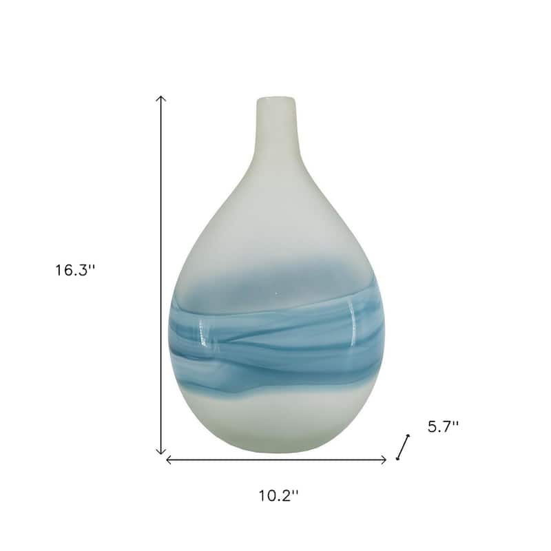 16" White And Blue Swirl Art Glass Table Vase - 10.20