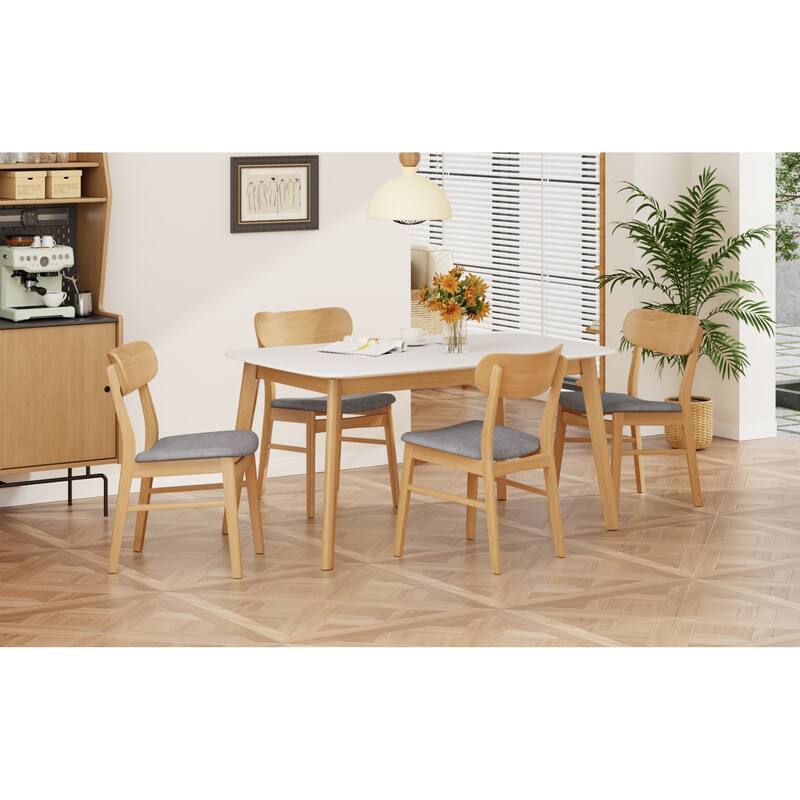 Roomfitters 5-Piece Mid-Century Dining Set, 59" White Oak Table with 4 Upholstered Solid Wood Chairs