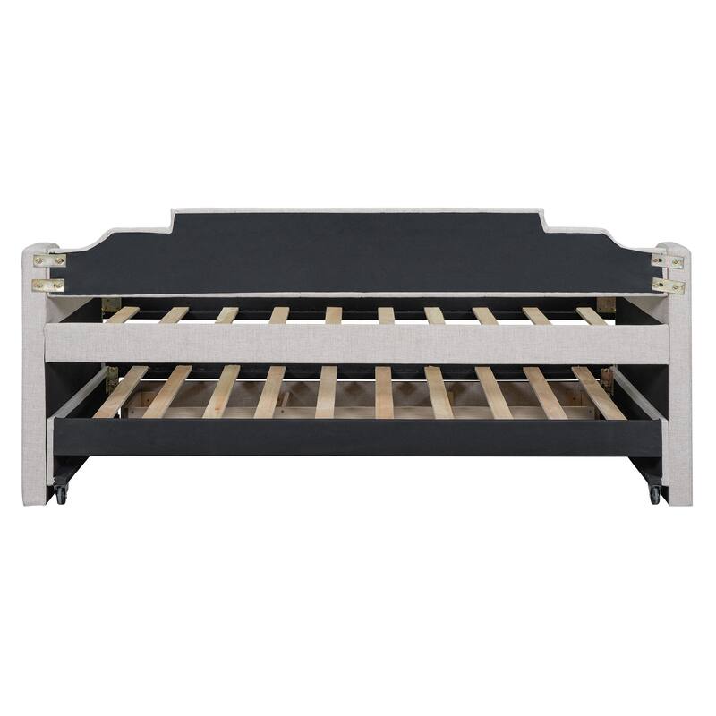 Twin Size Upholstered Daybed with Trundle and Three Drawers in Beige