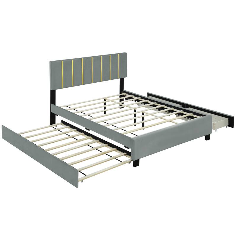 HomeRoots Gray Tufted Velvet Upholstered Queen Bed Frame With Trundle And Drawers