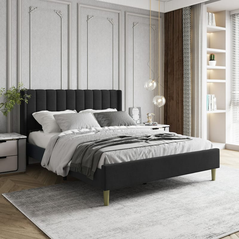 Aufank Bed Frame Upholstered Platform with Wooden Slats, Noise-Free