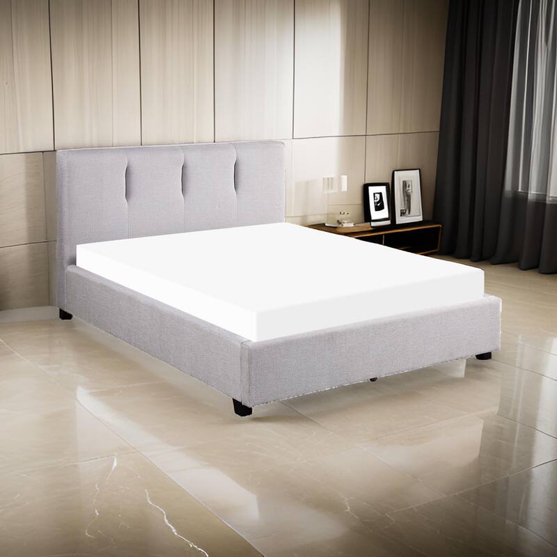 Orra Queen Platform Bed, Tufted Gray Polyester Upholstery, Solid Wood