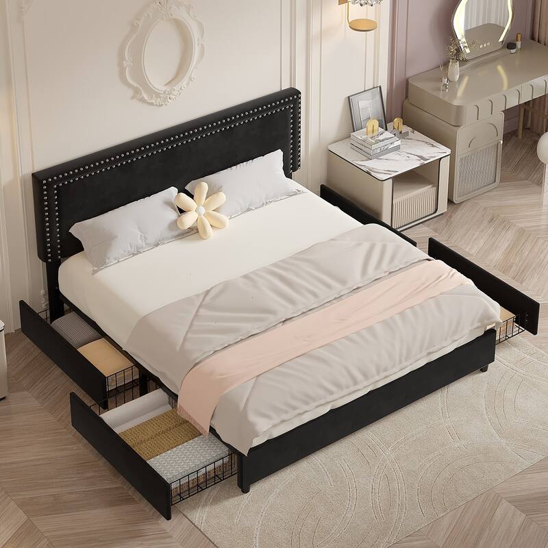 Modern Upholstered Bed Frame with 4 Storage Drawers, Platform Fabric Bed with Button Tufted Headboard