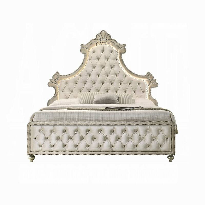 Willa Queen Size Bed, LED Lights, Beige Velvet Upholstery, Brown Wood