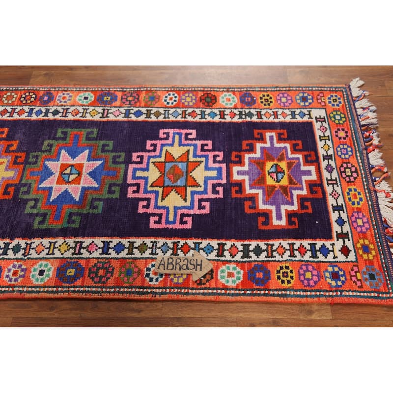 Navy Blue Anatolian Oriental Vintage Runner Rug Handmade Wool Carpet - 2'10"x 12'0"