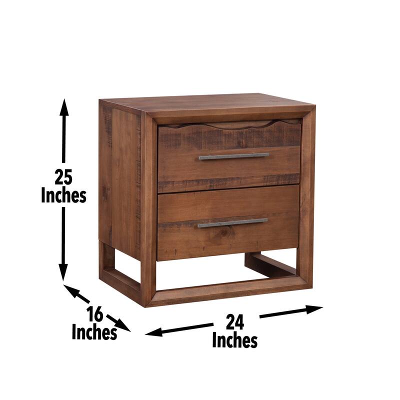 Brown Solid Pine Nightstand with 2 Drawers and Mocha Finish