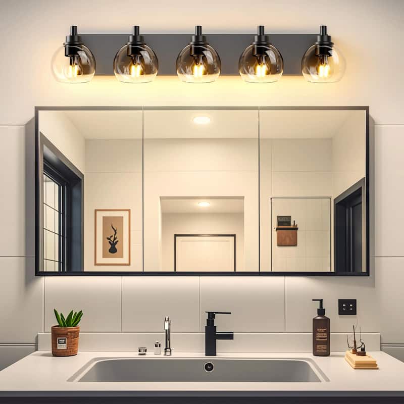 Bathroom Vanity Light with Clear Globe Glass Shades, Modern Black Wall Sconce Over Mirror, Vanity Lighting for Bath