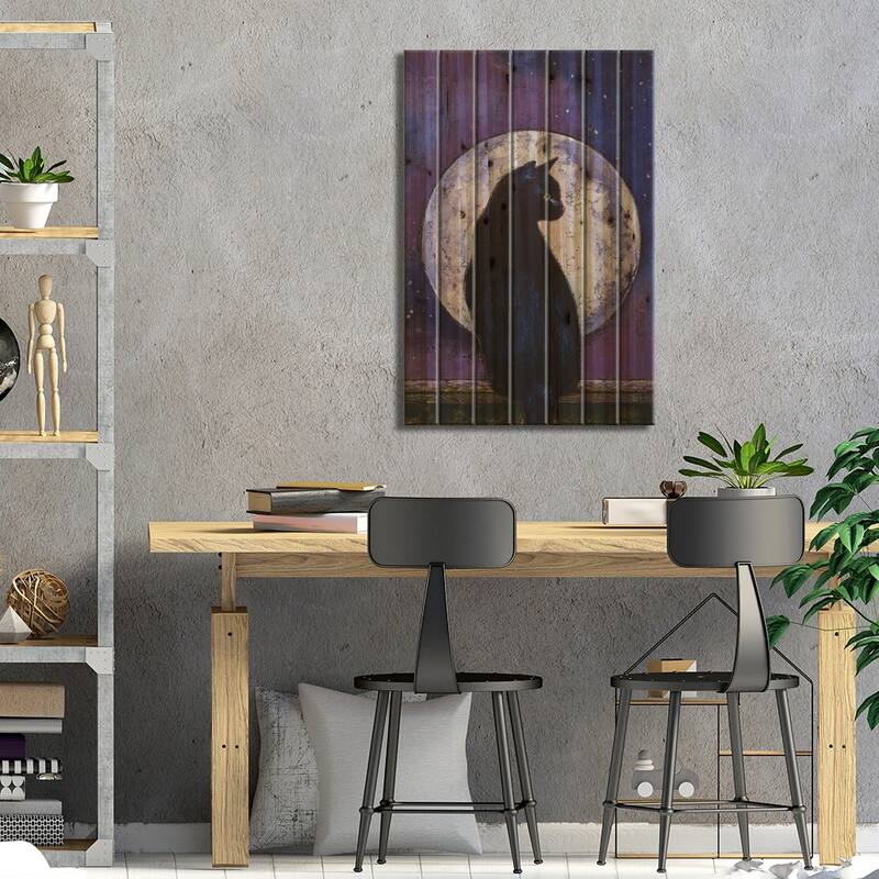 Black Cat Moonlight Print On Wood by Michael Creese - Multi-Color