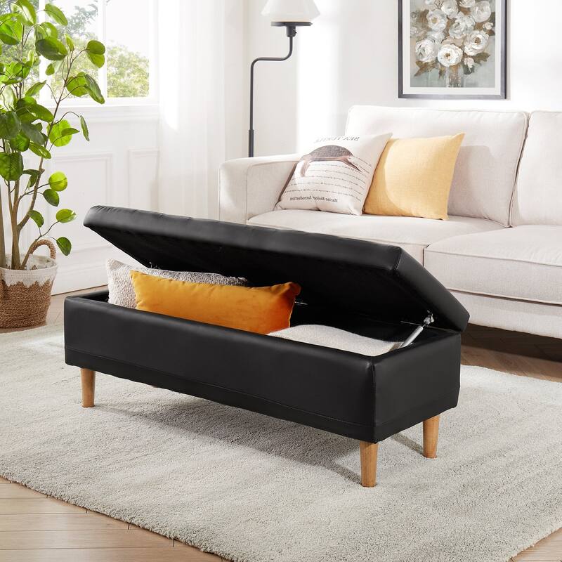 Javlergo Black Striped PU Leather Storage Bench with Lift Top Wooden Legs & 1.6" Cushion Multi-Functional for Bedroom Entryway
