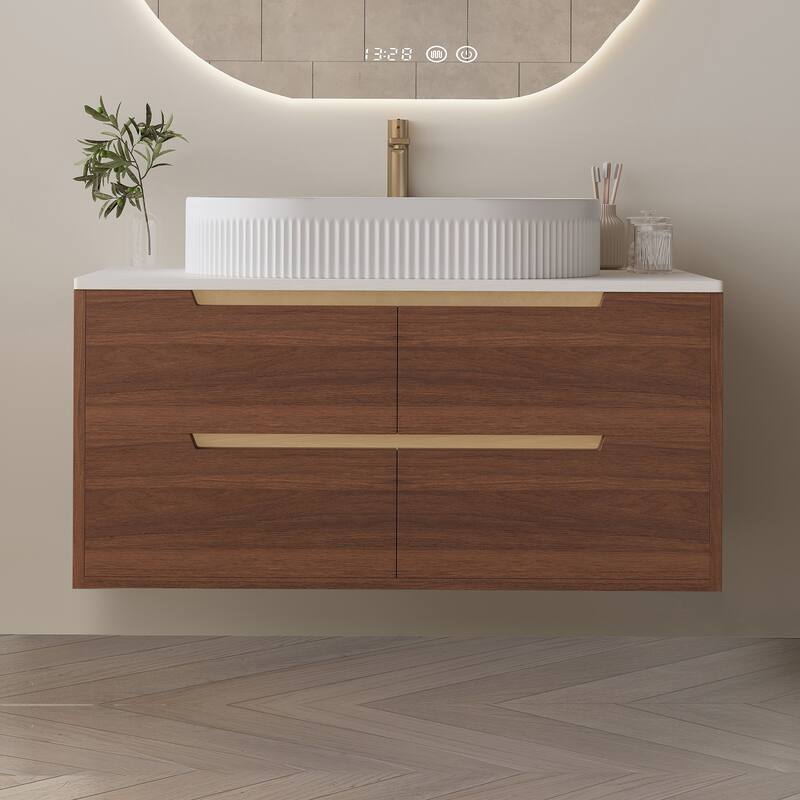 36 inch Bathroom Vanity, Freestanding or Wall Mounted with Ceramic Integrated Sink & Soft-Close Drawers