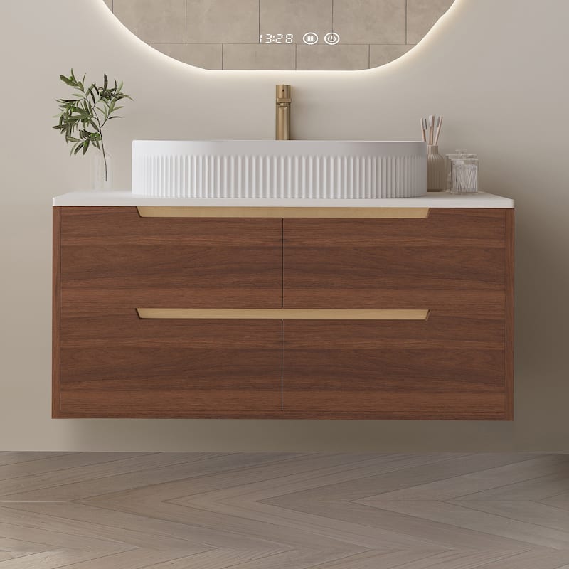 GDFStudio - Luxury 36" Floating/Freestanding Sintered Stone Bathroom Vanity with Ceramic Vessel Sink & Soft-Close Drawers - Walnut,White