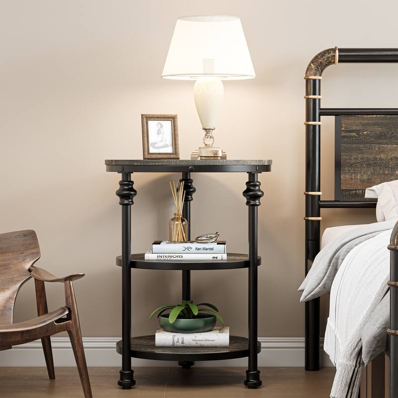 End Table 3-Tier Round Side Table with Storage Shelf - Brown2