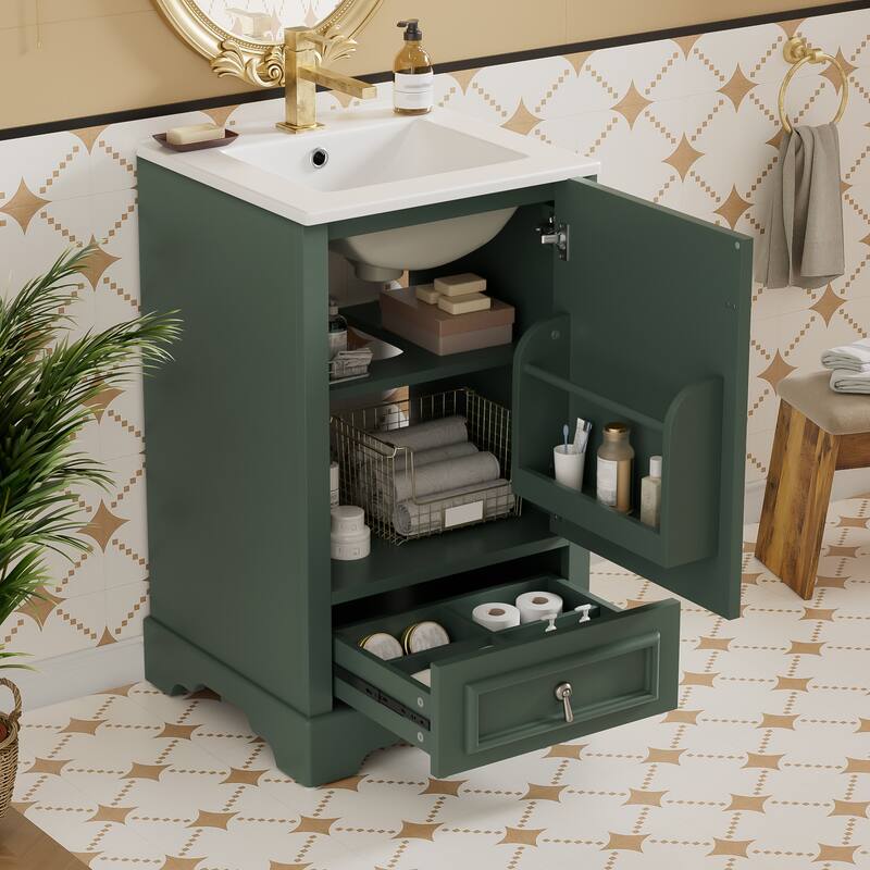 20" Bathroom Vanity with Ceramic Sink Bathroom Storage Cabinet with Adjustable U-Shaped and Drawer