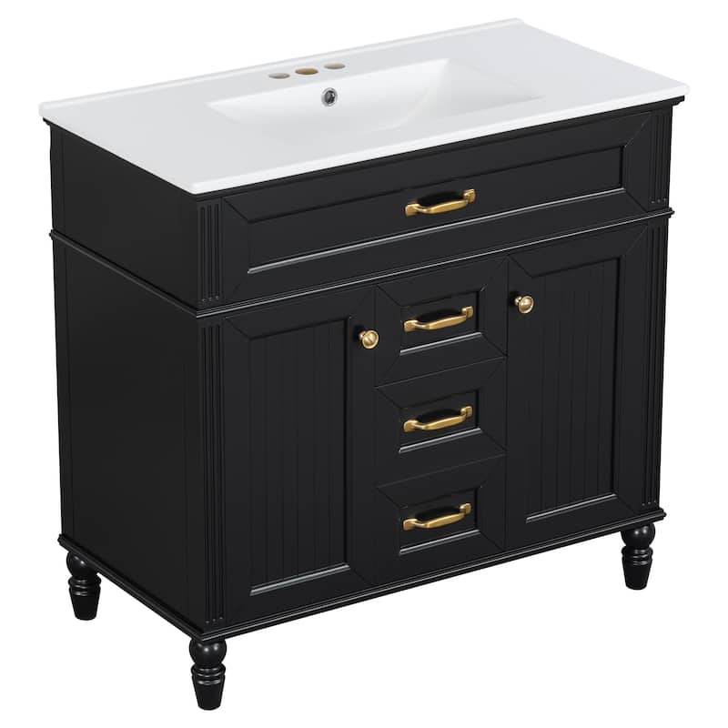 36 Inch Bathroom Vanity with Sink Combo, Black Freestanding Cabinet with Ceramic Basin, MDF + Solid Wood Frame