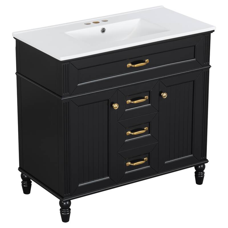 Roomfitters 36" Bathroom Vanity with Sink, Solid Wood Frame, Flip-Out Drawer & Soft-Close Doors