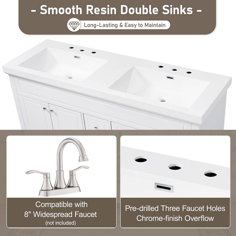 60" Bathroom Vanity with Double Resin Sinks, Soft-Close 4 Doors and 3 Drawers, Solid Wood Legs and Adjustable Shelves