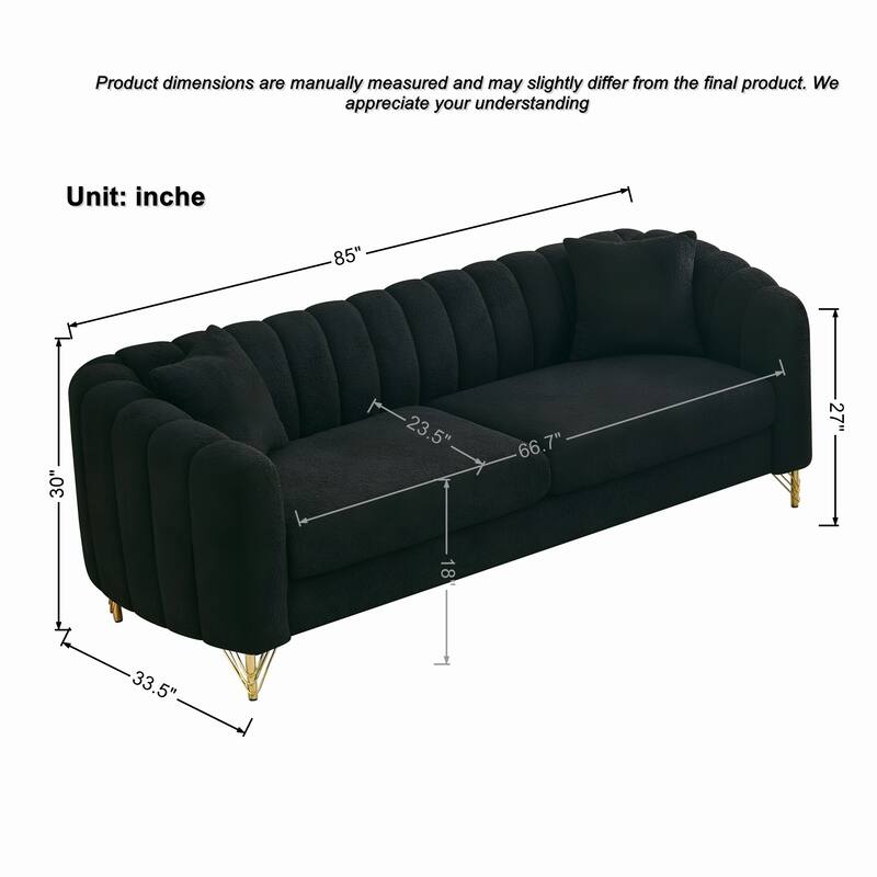Roomfitters Two 85" Modern Teddy Fabric Sofa Set with Gold Legs, Channel Stitched 2-Piece Living Room Furniture Set