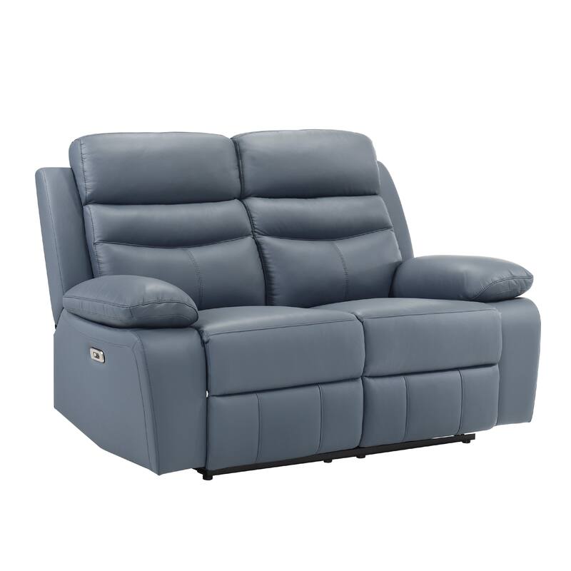 Hanna Power Double Recliner Loveseat, Blue Leather, USB, 64 Inch