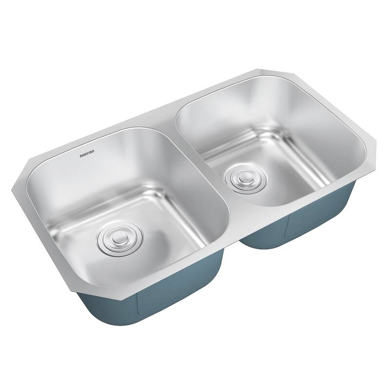 Karran Profile 32" Undermount 18 Gauge Double Bowl Stainless Steel Kitchen Sink with Accessories