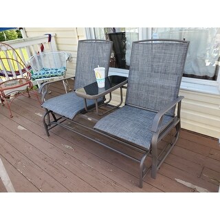 Outsunny Two Person Outdoor Mesh Fabric Patio Double Glider Chair with Center Table