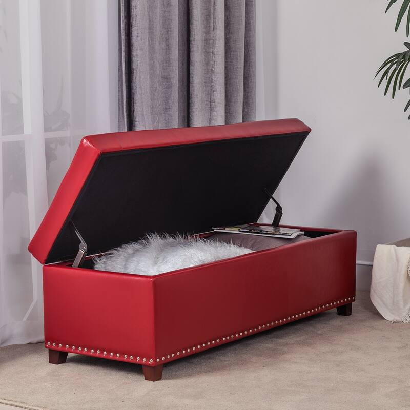 Adeco 46" Faux Leather Storage Ottoman Bench with Nailhead Trim
