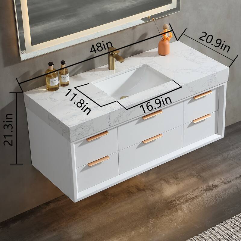 36/48/60 Modern Floating Bathroom Vanity with Sinle/Double Sink & Soft-Close Drawers & LED Lighting & Waterproof, White