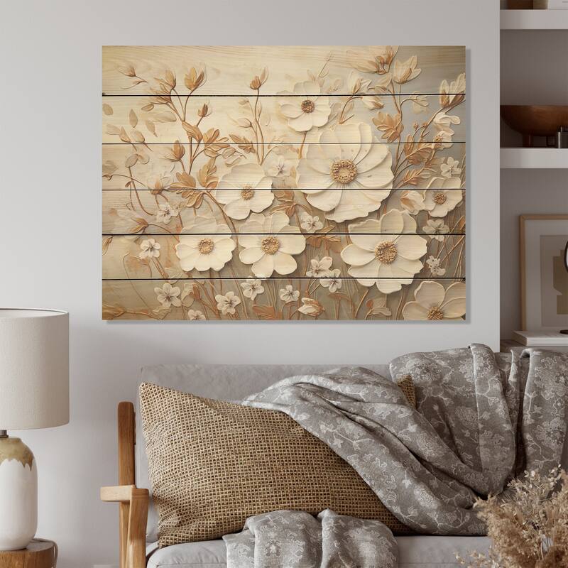 Designart "Elegant Minimalism Florals In Every Season I" Seasonal Flowers Beige Wood Panel On Natural Pine Wood