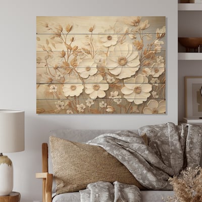 Designart "Elegant Minimalism Florals In Every Season I" Seasonal Flowers Beige Wood Panel On Natural Pine Wood