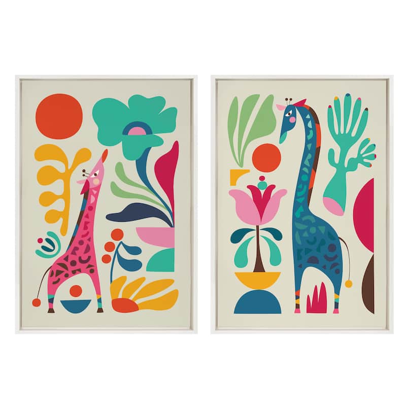 Kate and Laurel Sylvie Giraffe Garden and Giraffe Garden II Framed Canvas Art Set by Rachel Lee of My Dream Wall