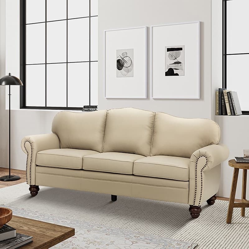 Balvino 81" Wide Transitional Genuine Leather Rolled Arm Nailhead Trim Sofa with Solid Wood Legs and Removable Cushions