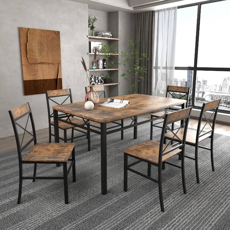 7 Piece Metal Frame Dining Table Set with 6 Chairs and Rectangular Dining Room Table for Dining Room Brown