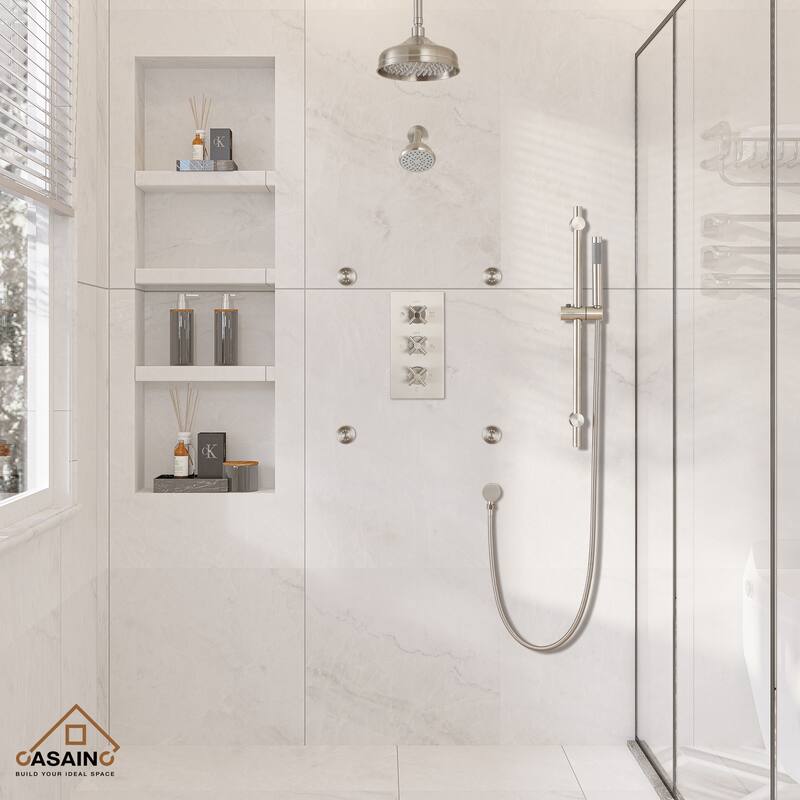 8-In Ceiling Mounted Shower System with Sliding Bar and 4 Body Sprays - Brushed Nickel