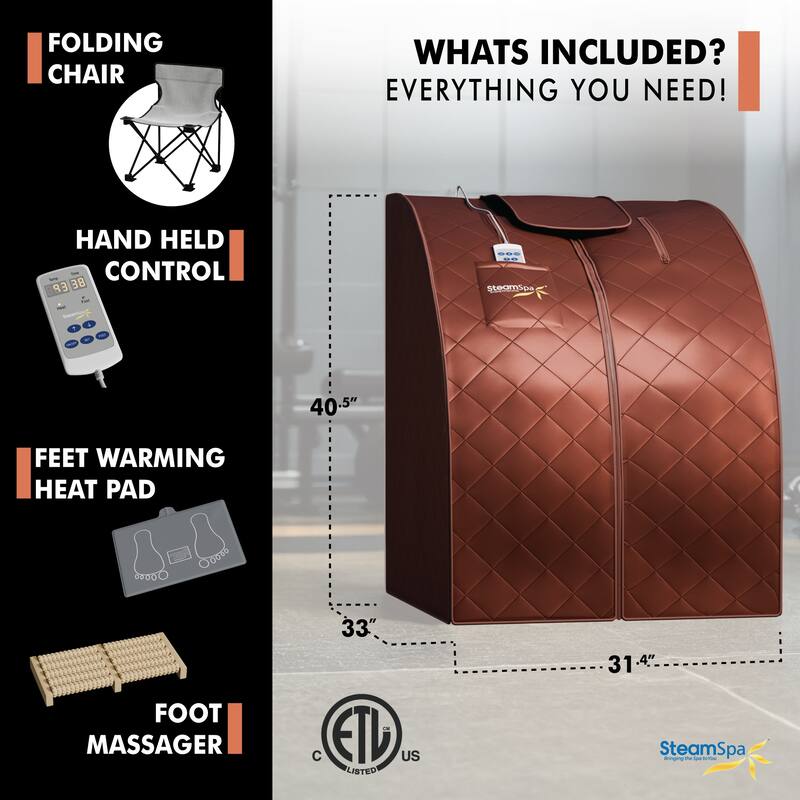 SteamSpa Portable 1-Person 1050 Watt Infrared Home Sauna with Digital Controller, Brown