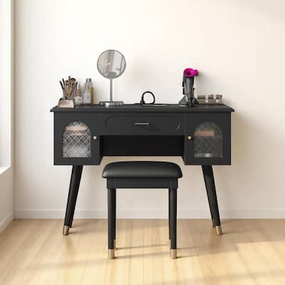 Elegant Makeup Vanity Desk with Charging Ports, Drawers, Carved Glass Cabinets, and Matching Stool for Bedroom