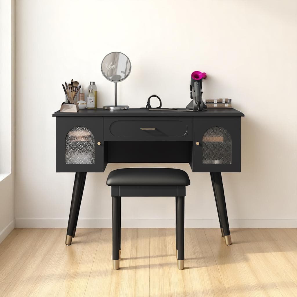 Elegant Makeup Vanity Desk with Charging Ports, Drawers, Carved Glass Cabinets, and Matching Stool for Bedroom