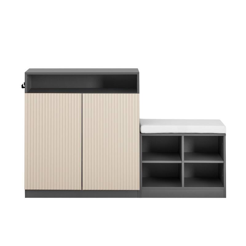 Entryway Bench Cabinet With Cushion, 2 Doors and 3-Tier Adjustable Shelves for Entryway Organization