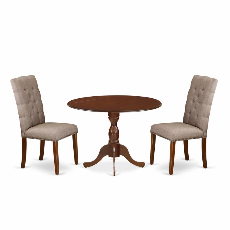 East West Furniture 3 Piece Dinette Set- a Round Dining Table and 2 Linen Fabric Parsons Dining Chairs, (Finish Options)