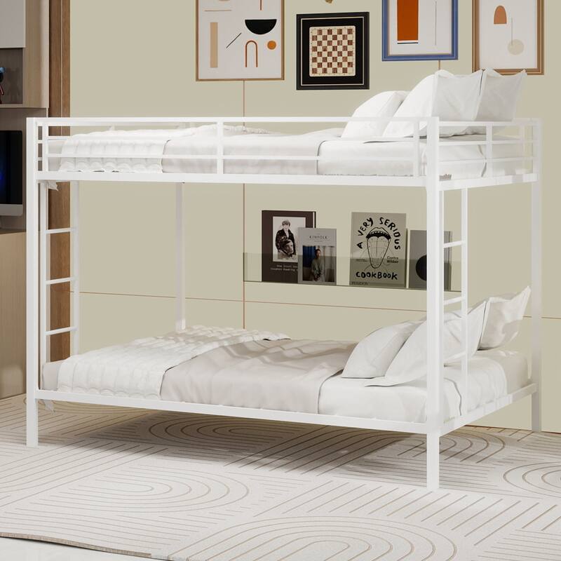 Multi-Functional Metal Bunk Bed, No Box Spring Needed, Bunk Bed Frame for Aldults Dorm Bedroom Guest Room - White - Queen