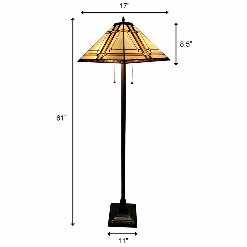 Brown Metal Traditional Floor Lamp with Stained Glass Shade and Pull Chain - 17” x 17” x 62” (D x W x H)