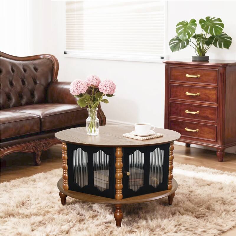 31.5-inch Round Three-Door Storage Coffee Table, Modern Real Wood Veneer Coffee Table, Suitable for Living Room