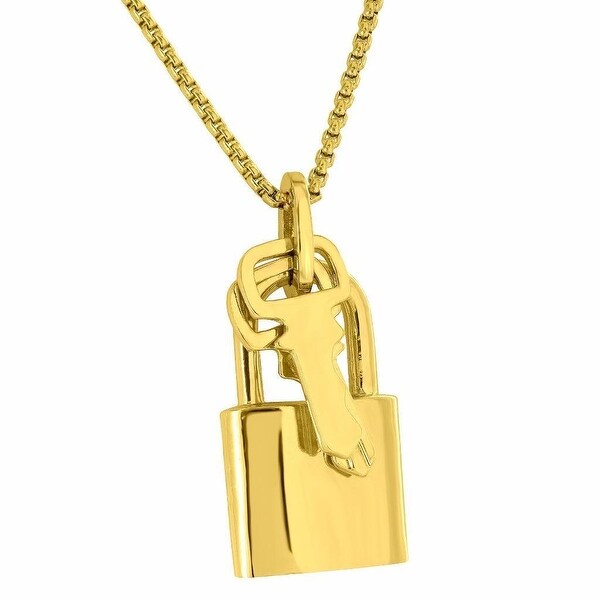 Mens Lock & Key Charm Designer With Free 24" Stainless Steel Box Chain 18K Gold Finish