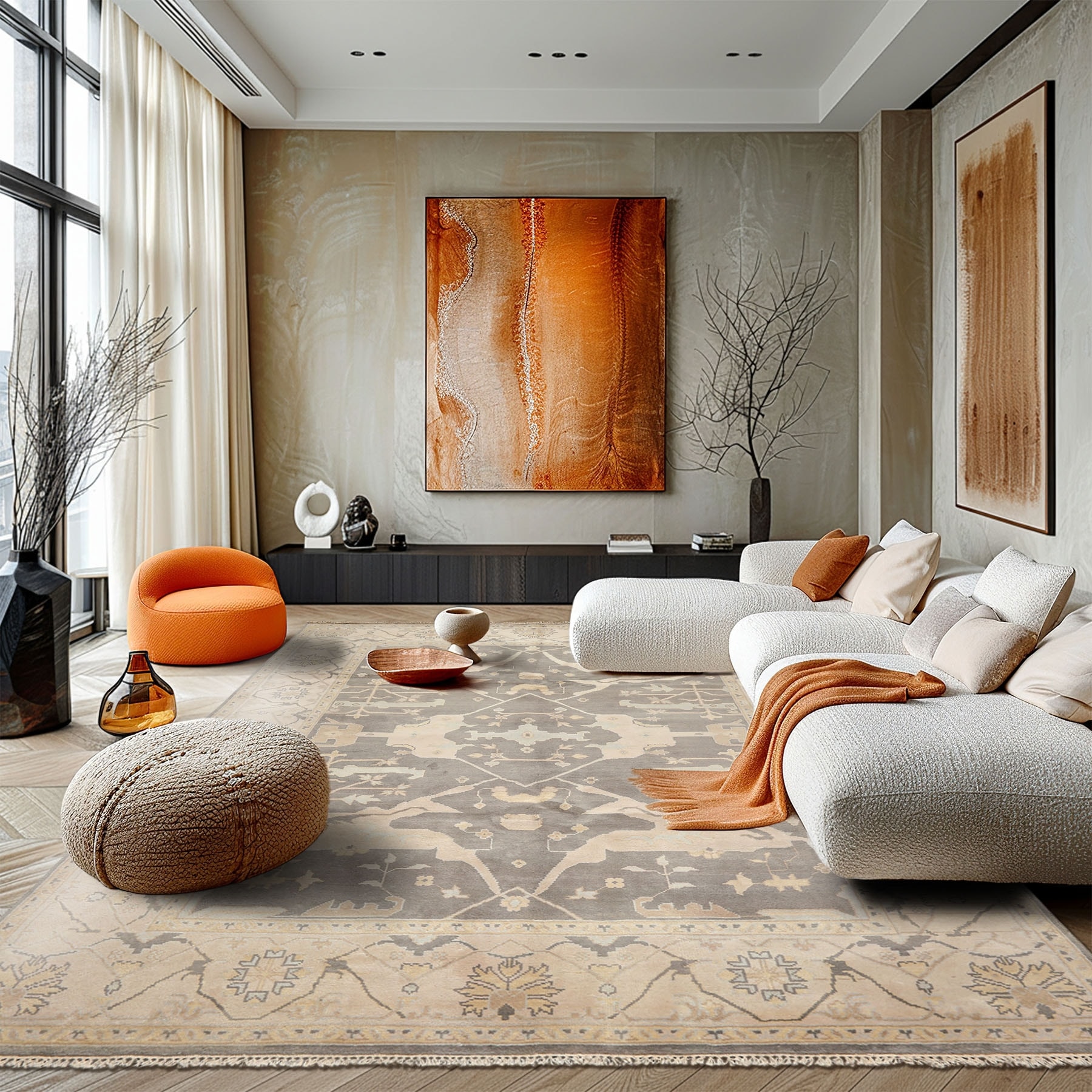 Hand Knotted 8'2''x9'11'' Grey Ivory Wool Oushak Rug - 8' 2'' x 9' 11''