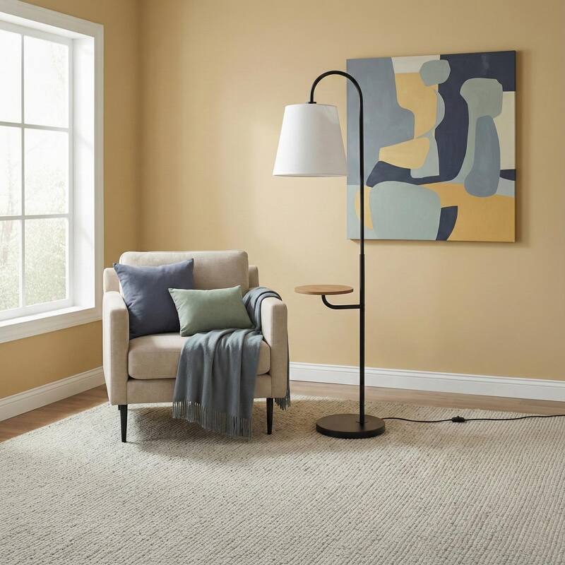 Linda Black Floor Lamp with Built-in Wooden Shelf and Fabric Shade