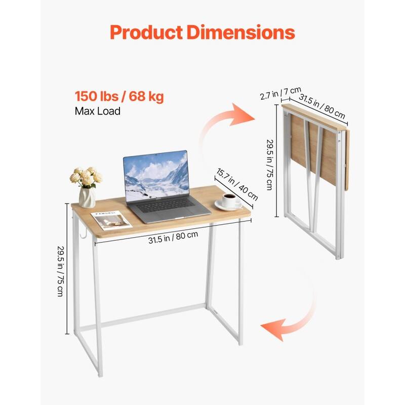 Wood Foldable Computer Desk with White Sturdy Steel Frame for Home Office and Study
